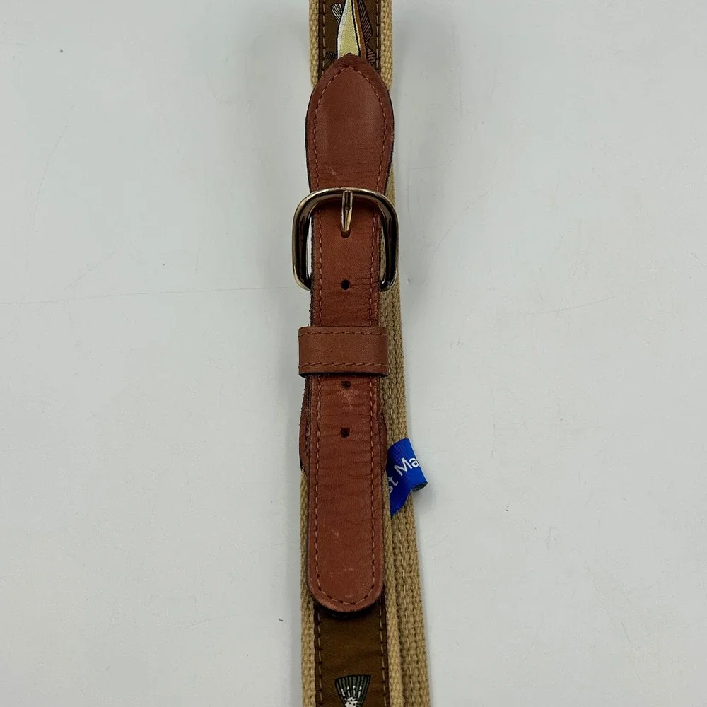 West Marine Belt Brown Tan Mens Size 36 Fish Embroidered Leather Canvas USA